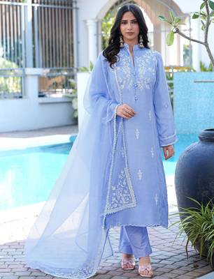 Light-purple embroidered modal satin stitched straight cut kurta pants dupatta readymade suits 3