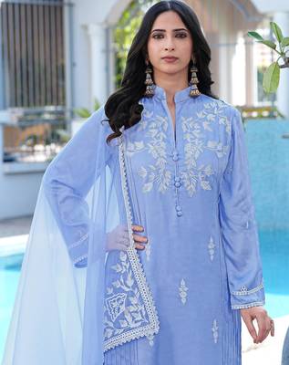 Light-purple embroidered modal satin stitched straight cut kurta pants dupatta readymade suits 5