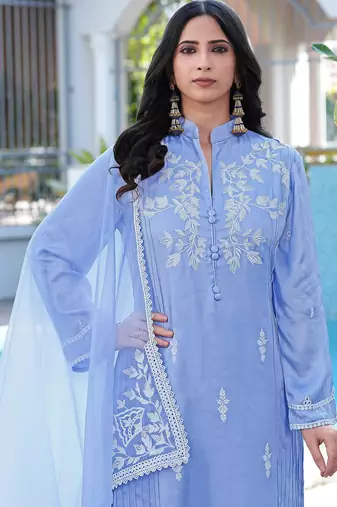 Light-purple embroidered modal satin stitched straight cut kurta pants dupatta readymade suits