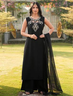 Black embroidered art silk stitched a line kurta palazzo dupatta readymade suits 1