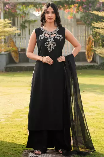 Black embroidered art silk stitched a line kurta palazzo dupatta readymade suits