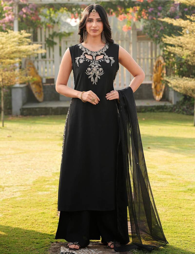 Black embroidered art silk stitched a line kurta palazzo dupatta readymade suits