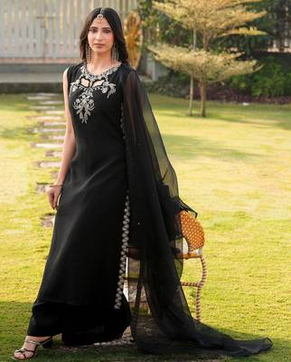 Black embroidered art silk stitched a line kurta palazzo dupatta readymade suits 3