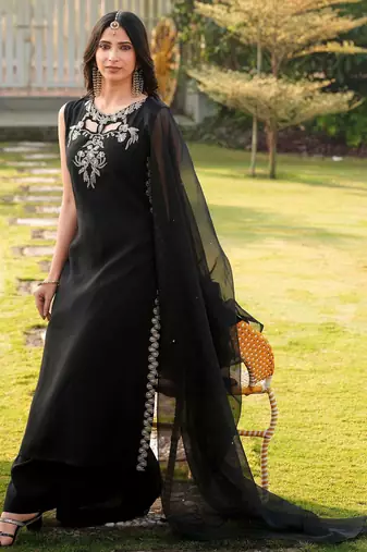 Black embroidered art silk stitched a line kurta palazzo dupatta readymade suits