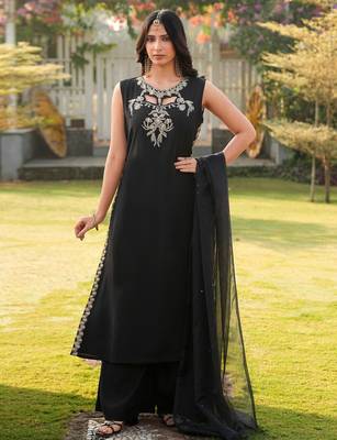 Black embroidered art silk stitched a line kurta palazzo dupatta readymade suits 4