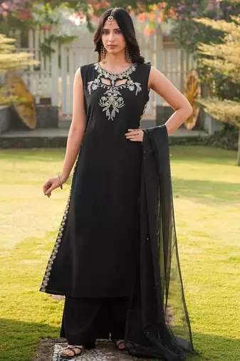 Black embroidered art silk stitched a line kurta palazzo dupatta readymade suits