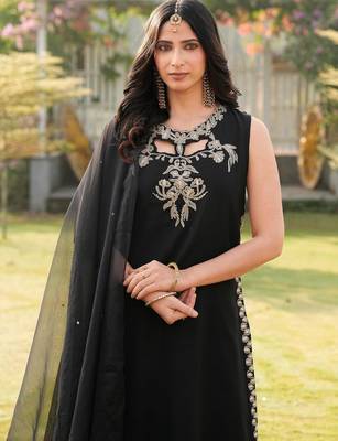 Black embroidered art silk stitched a line kurta palazzo dupatta readymade suits 5