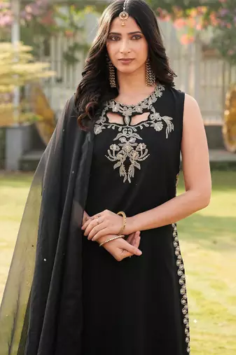 Black embroidered art silk stitched a line kurta palazzo dupatta readymade suits