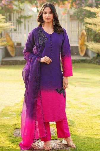 Dark-purple hand embroidery art silk stitched straight cut kurta pants dupatta readymade suits