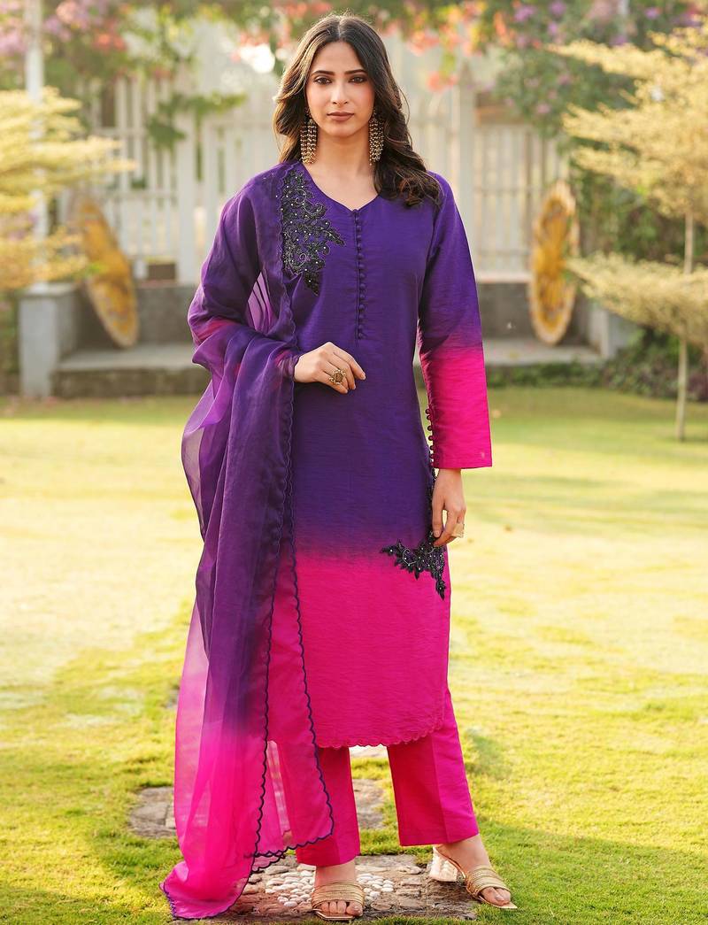Dark-purple hand embroidery art silk stitched straight cut kurta pants dupatta readymade suits