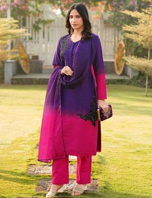 Dark-purple hand embroidery art silk stitched straight cut kurta pants dupatta readymade suits 3