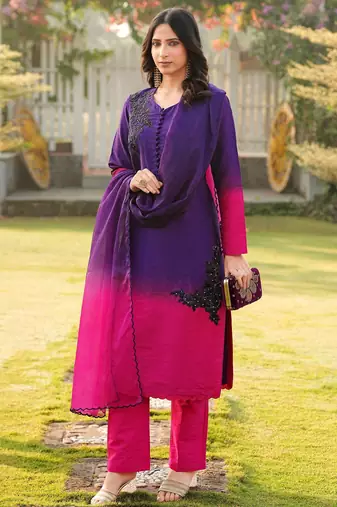 Dark-purple hand embroidery art silk stitched straight cut kurta pants dupatta readymade suits