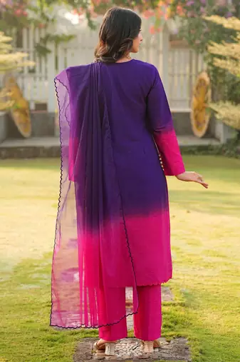 Dark-purple hand embroidery art silk stitched straight cut kurta pants dupatta readymade suits