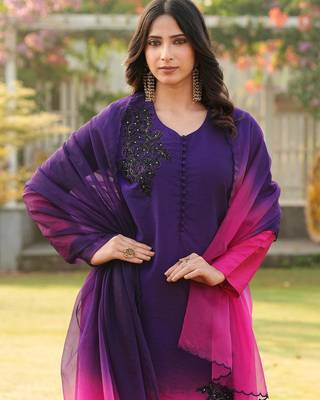 Dark-purple hand embroidery art silk stitched straight cut kurta pants dupatta readymade suits 5