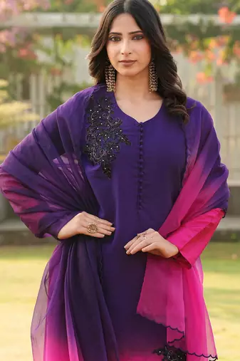 Dark-purple hand embroidery art silk stitched straight cut kurta pants dupatta readymade suits