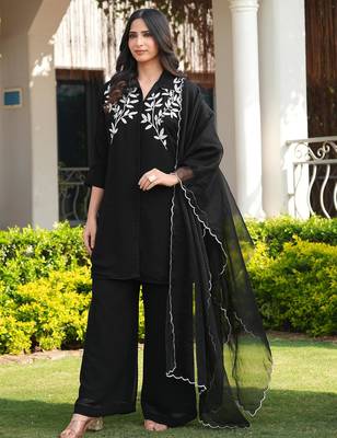 Black embroidered viscose georgette stitched straight cut kurta culottes dupatta readymade suits 1