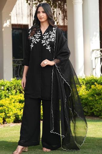 Black embroidered viscose georgette stitched straight cut kurta culottes dupatta readymade suits