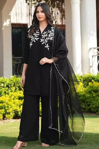 Black embroidered viscose georgette stitched straight cut kurta culottes dupatta readymade suits