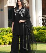 Black embroidered viscose georgette stitched straight cut kurta culottes dupatta readymade suits