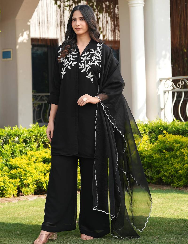 Black embroidered viscose georgette stitched straight cut kurta culottes dupatta readymade suits