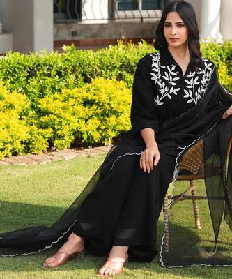Black embroidered viscose georgette stitched straight cut kurta culottes dupatta readymade suits 3