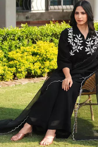 Black embroidered viscose georgette stitched straight cut kurta culottes dupatta readymade suits
