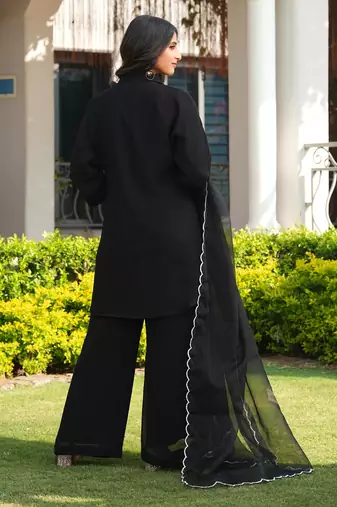 Black embroidered viscose georgette stitched straight cut kurta culottes dupatta readymade suits