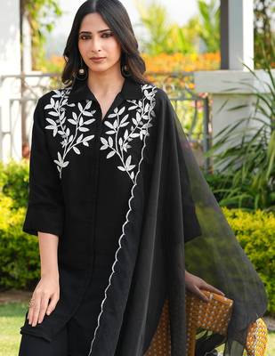 Black embroidered viscose georgette stitched straight cut kurta culottes dupatta readymade suits 5