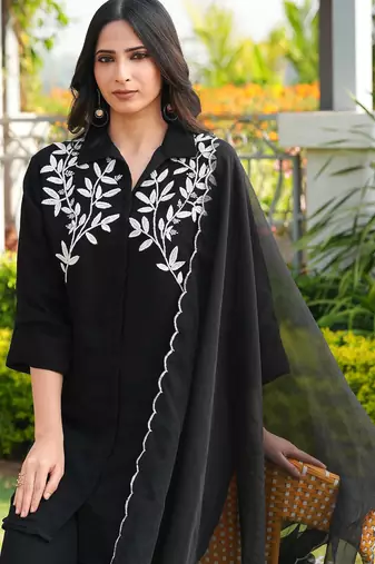 Black embroidered viscose georgette stitched straight cut kurta culottes dupatta readymade suits