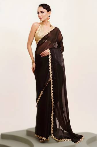 Black bollywood style designer soft organza saree with sequins lace border