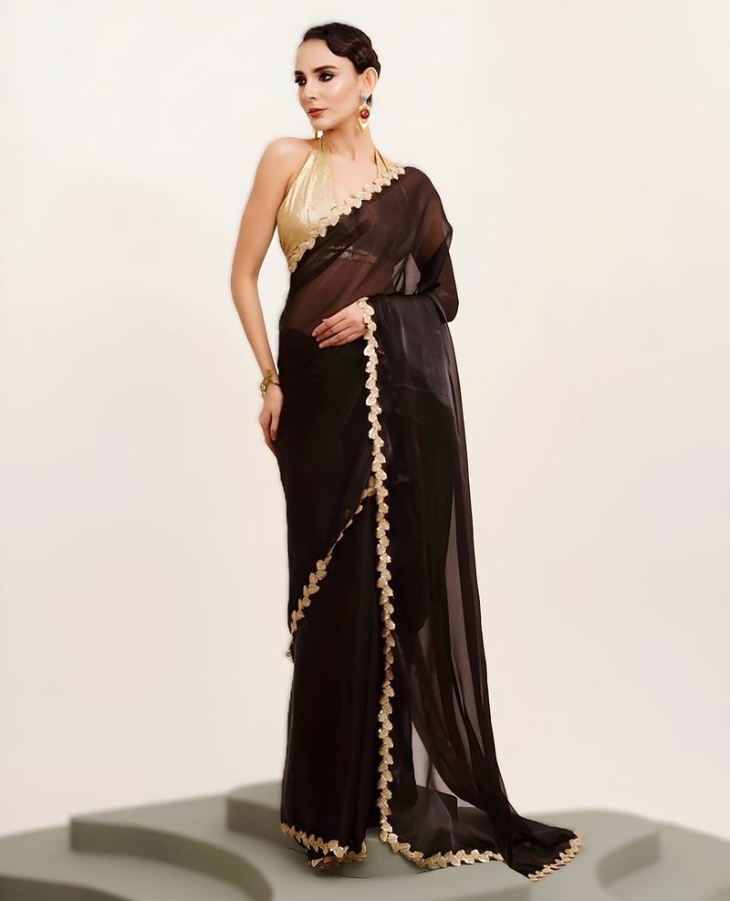 Black bollywood style designer soft organza saree with sequins lace border