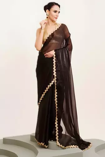 Black bollywood style soft organza saree with sequins lace border