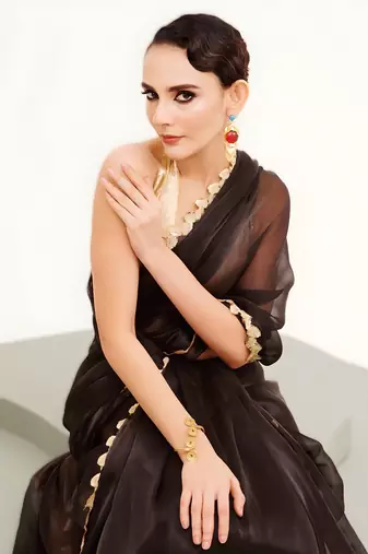 Black bollywood style soft organza saree with sequins lace border