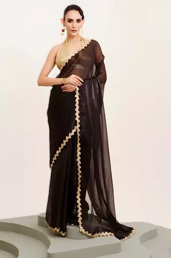 Black bollywood style soft organza saree with sequins lace border