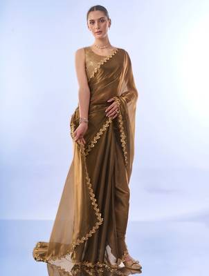 Gold bollywood style soft organza saree with sequins lace border 1