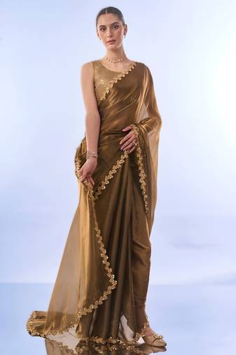Gold bollywood style designer soft organza saree with sequins lace border