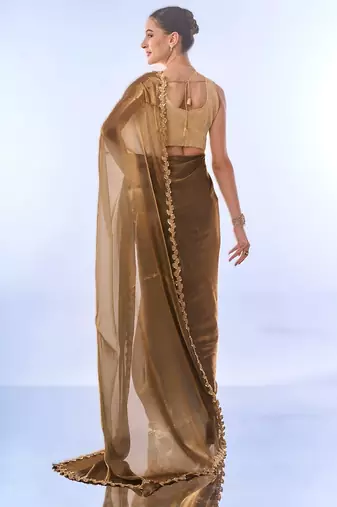 Gold bollywood style soft organza saree with sequins lace border