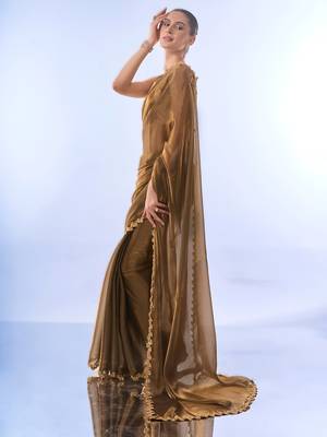Gold bollywood style soft organza saree with sequins lace border 3