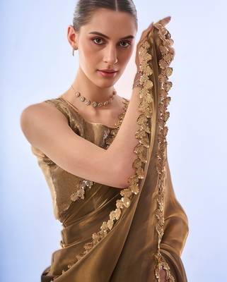 Gold bollywood style soft organza saree with sequins lace border 4