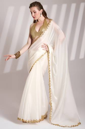 White bollywood style designer soft organza saree with sequins lace border