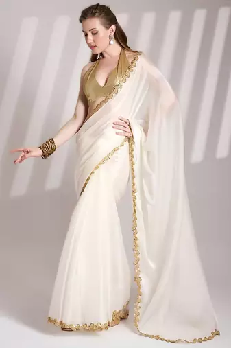 White bollywood style designer soft organza saree with sequins lace border