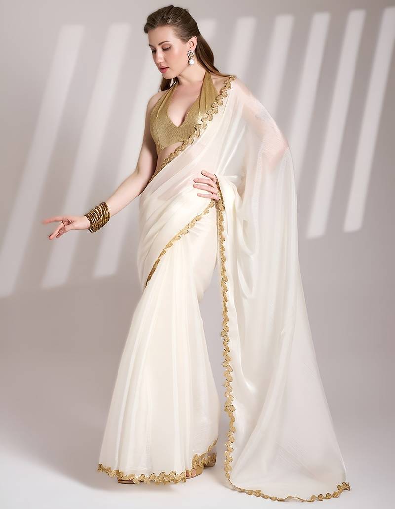 White bollywood style designer soft organza saree with sequins lace border