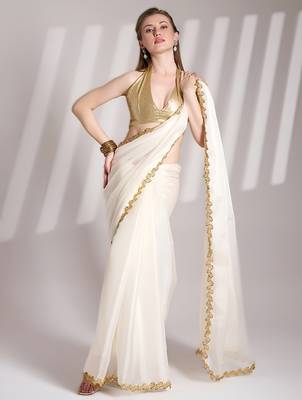 White bollywood style soft organza saree with sequins lace border 3