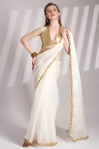 White bollywood style soft organza saree with sequins lace border