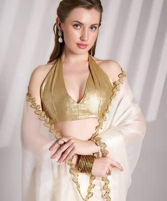 White bollywood style soft organza saree with sequins lace border 4