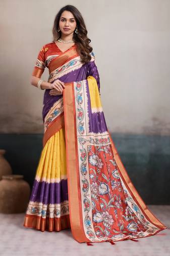 Purple elegant kalki silk digital print saree with unstitched blouse piece