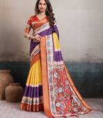 Purple elegant kalki silk digital print saree with unstitched blouse piece