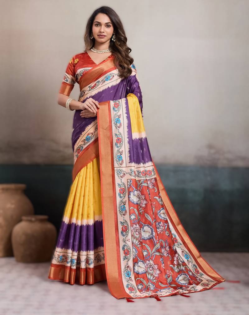 Purple elegant kalki silk digital print saree with unstitched blouse piece