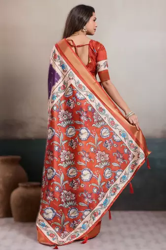 Purple elegant kalki silk blend digital print saree with unstitched blouse piece