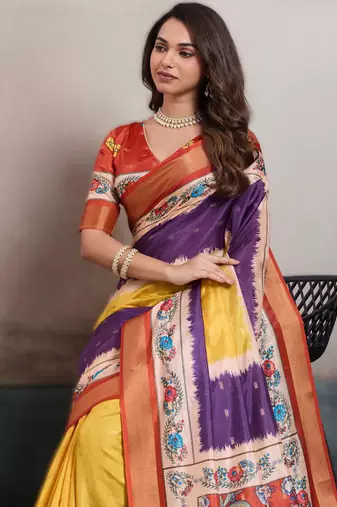 Purple elegant kalki silk blend digital print saree with unstitched blouse piece